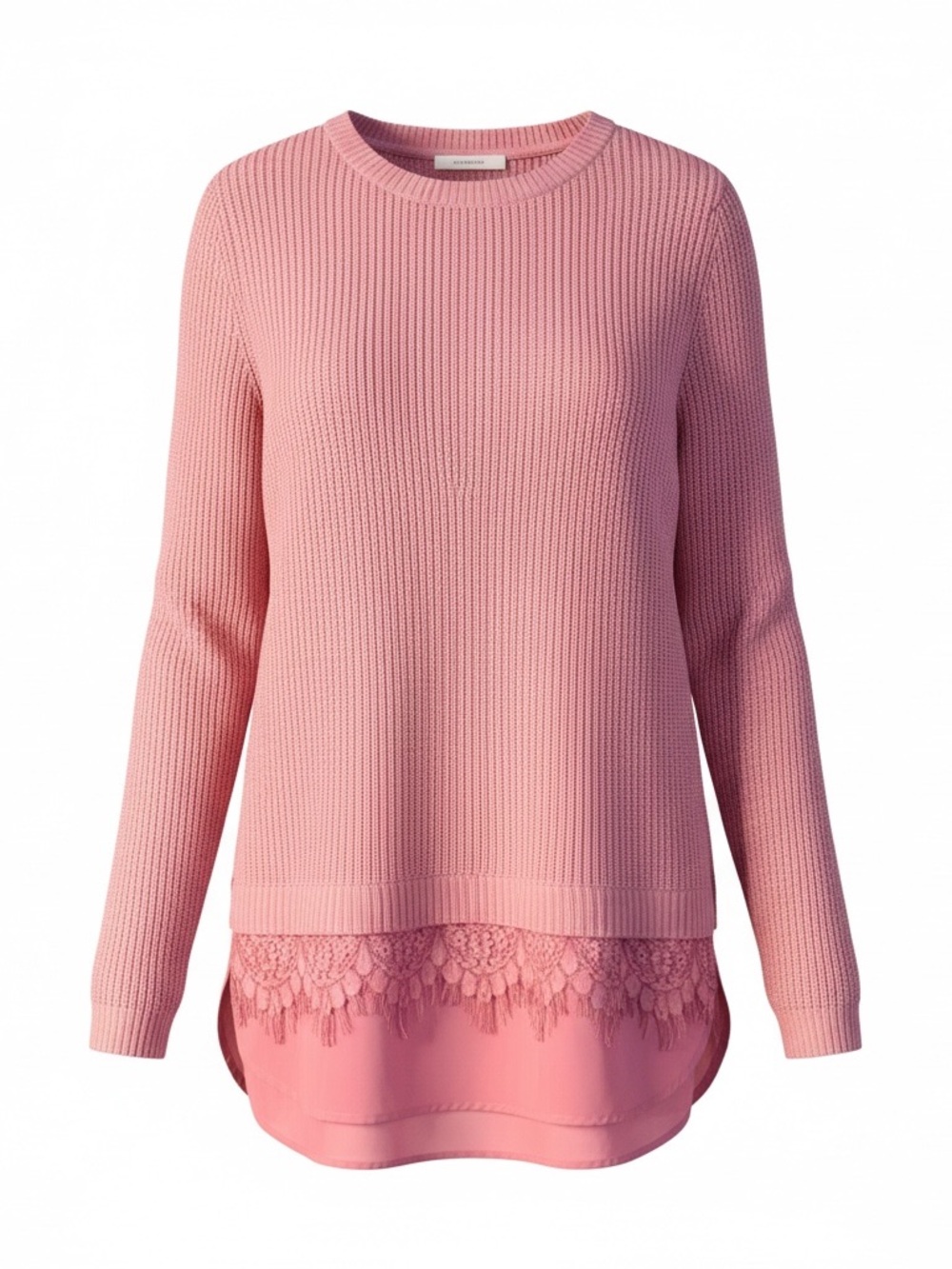 Neiman Marcus Pink Lace-Hem Crewneck Sweater